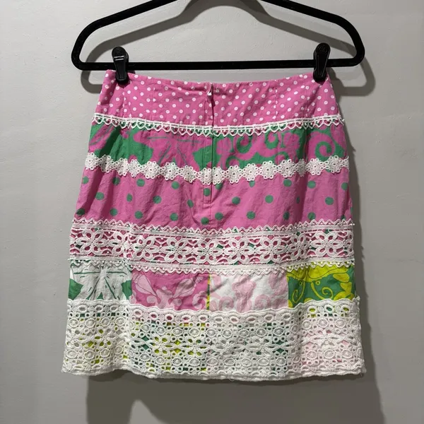 Lilly Pulitzer Multicolor Floral PrintPolka Dot Lace Trim‎ Cotton Skirt 8 Pink - Image 5