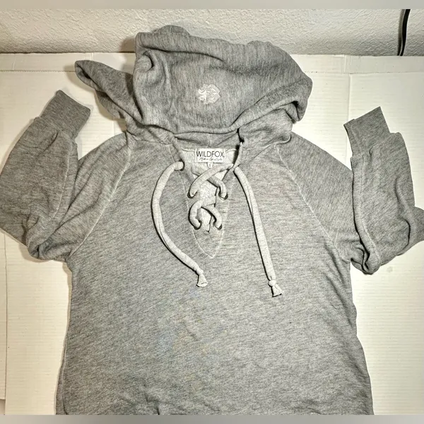 WILDFOX‎ Sweatshirt Hoodie Women’s Small Gray Oversized Lace Up Hutton USA Made - Image 4