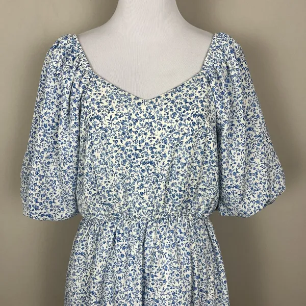 Mikarose Dress Womens Large Blue Floral Puff Sleeve Milkmaid Smocked Pockets‎ L - Image 4