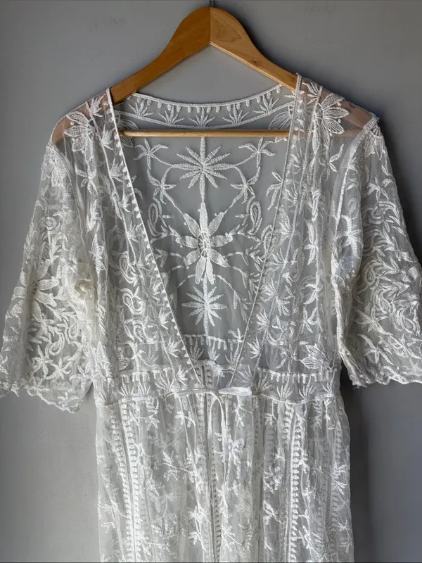Floral Sheer Lace Cottagecore Tie Front Kimono Duster Cotton Blend - Image 2