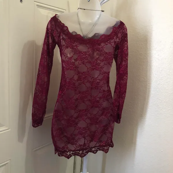 Burgundy red off shoulder sheer lace scallop hem mini dress long sleeves#whimsygoth #gothic-M/L Measurement in pics - Image 2