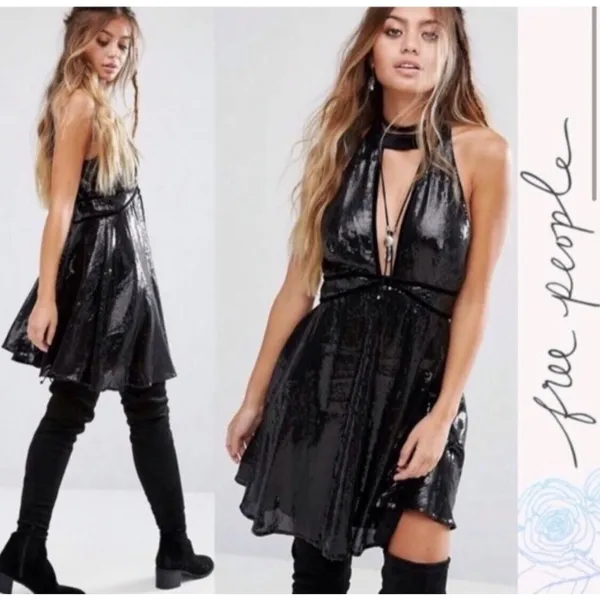 Free People Size 4 Mini Dress‎ Black "Film Noir" Sleeveless Sequins Plunge - Image 12
