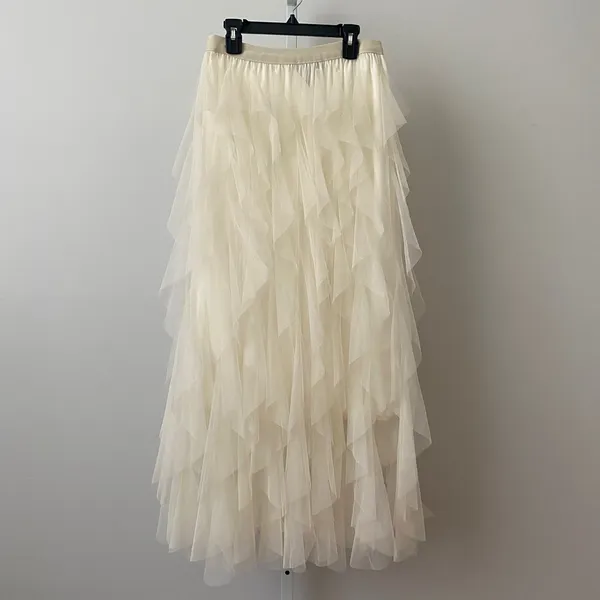 Soho Apparel Tulle Fairy Ethereal Boho Dainty Ruffle Tiered Maxi Skirt M Cream - Image 3