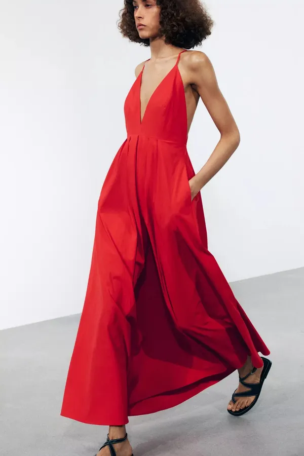 Zara long red maxi dress ZW collection flowy corset elegant evening wedding - Image 11