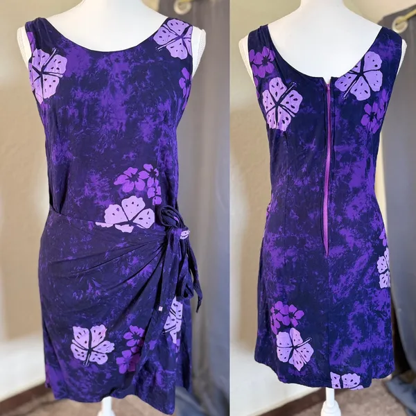 Young Fashion Purple‎ Floral Batik Sarong Mini Dress Womens Small Handmade Rayon - Image 2