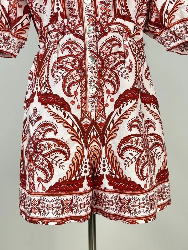 NWOT Farm Rio Tropical Cameo Belted Romper Size S 100% Cotton Puff Sleeves - Image 4