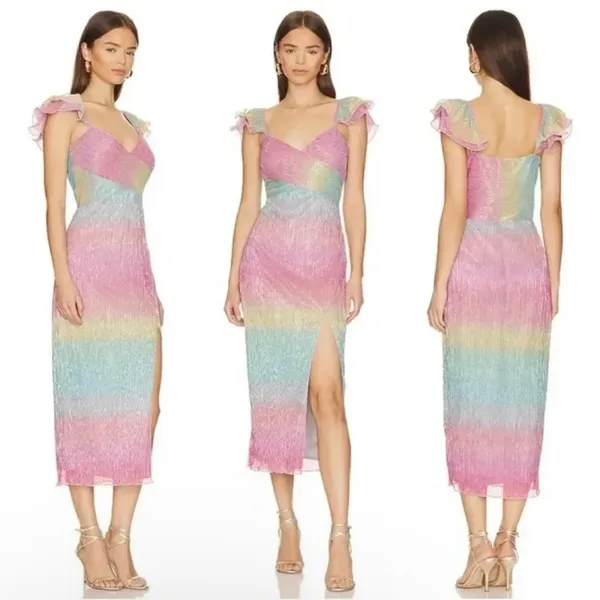 Saylor Myrah Metallic Rainbow Ombré Flutter Sleeve Midi Cocktail Dress - Image 5