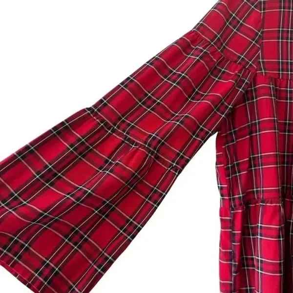 Madewell Red Plaid Clandon Viscose Tiered Button Back Baby Doll Top SZ S #2328 - Image 6