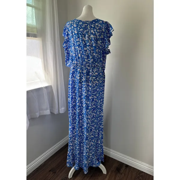 Grecerelle Blue & White Floral Print V-Neck Short Sleeve High Low Maxi Dress - Image 10
