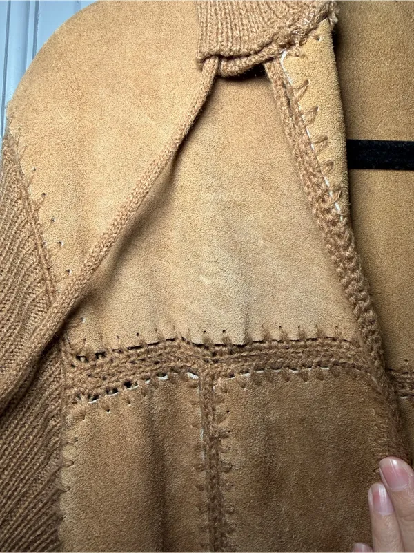 Vintage 80s Genuine Suede Leather Hooded Belted Jacket Sweater Knit Sleeves S/M - Image 2