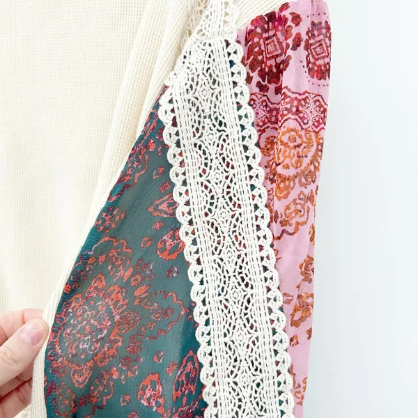 Forever 21 Womens Boho Artsy Waffle Knit Lace Crochet Balloon Sleeve Top‎ Size S - Image 3