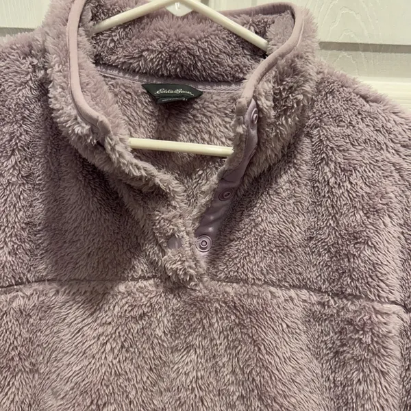 Eddie Bauer Womens Fleece Pullover Sweatshirt‎ Lilac Purple L Snap Neck Pockets - Image 2