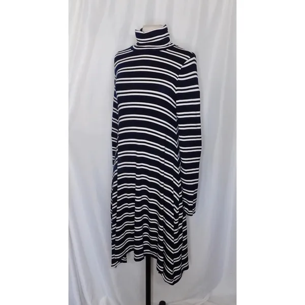 Anthropologie MAEVE Navy Blue White Striped Turtleneck‎ Jersey Knit Dress Small - Image 5
