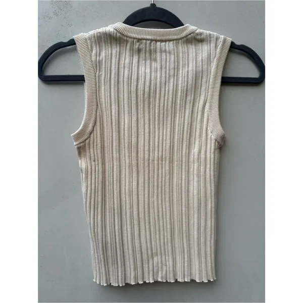 NA-KD Ribbed Knit Tank Top Cream Sleeveless Crew Neck Stretch M Minimalist - Image 2