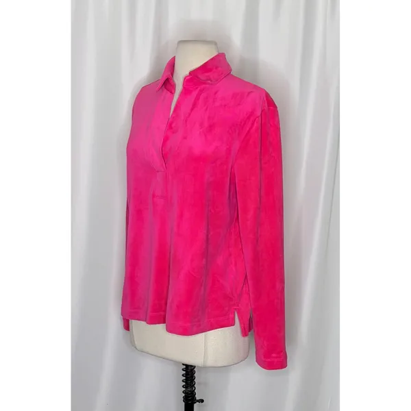LILLY PULITZER August Velour Pullover Pink Palms Solid Polo Collar Bright Small - Image 5