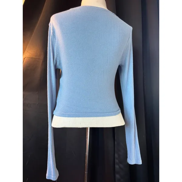 Long Sleeve Ribbed Square Neck Wrap Tie Top Dusty Blue Cropped Knit - Image 2