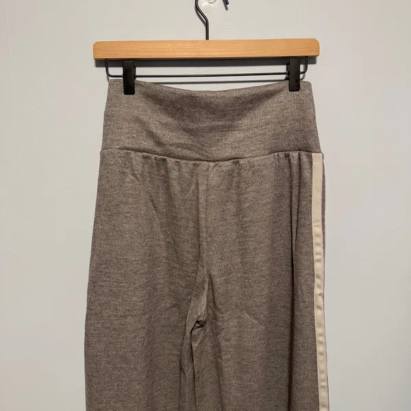 Ribbed High Waisted Tummy Control Drawstring Wide Leg Color Block Fleece Trouser - Image 5