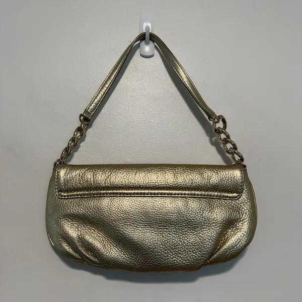 Michael Kors Gold Pebbled Leather Large‎ Logo Chain Shoulder Bag - Image 4