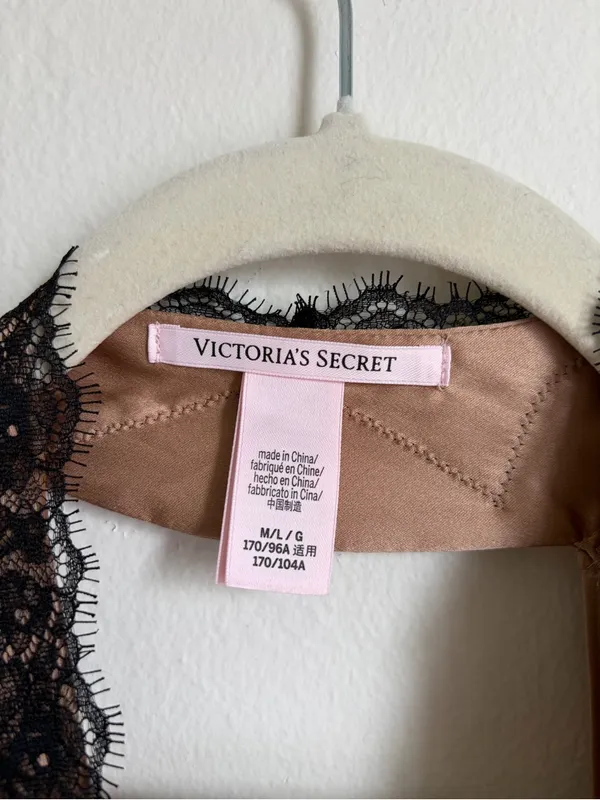 Victoria’s Secret Satin & Rose Lace Open-Back Long Robe Tan - Image 4