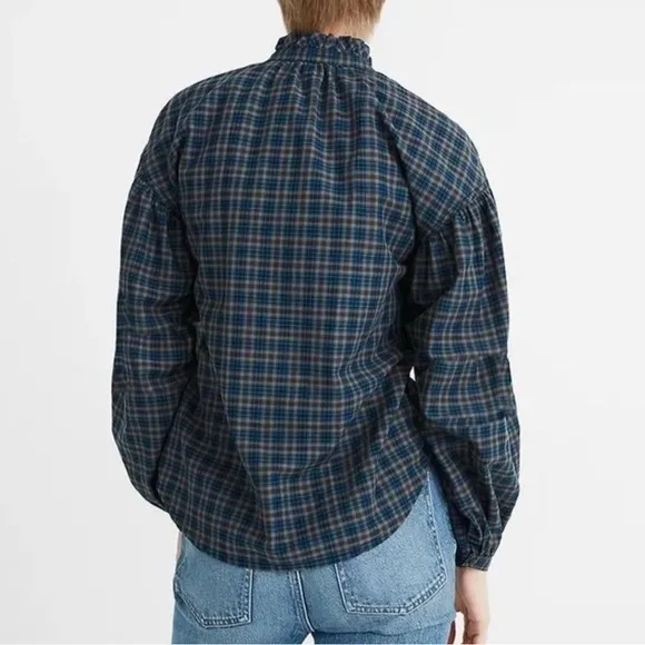MADEWELL Teal‎ Blue Plaid Ruffle-Neck Popover Blouse Size Medium - Image 2