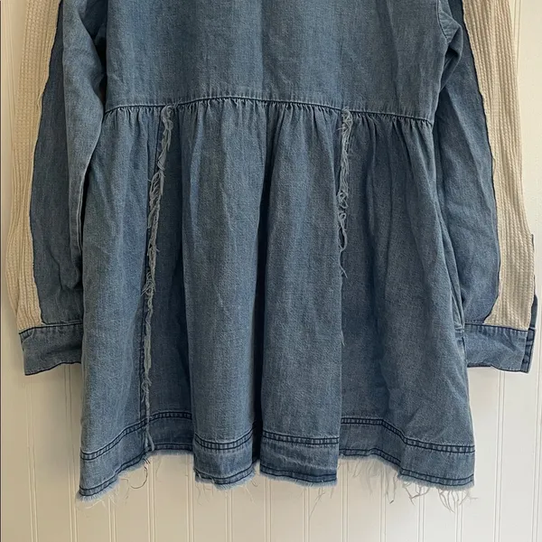 FREE PEOPLE Kenny Denim Mini Dress Tunic Waffle Raw Hem Boho Babydoll Size S - Image 10