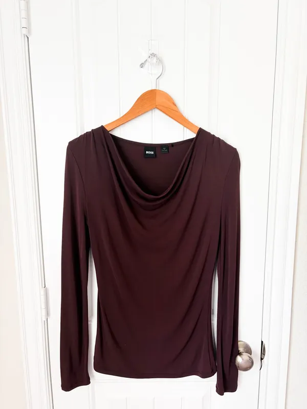 BOSS Esayana Cowl Neck Top Brown Long Sleeve Size Small - Image 2