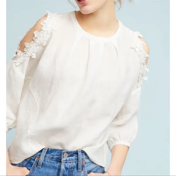 Anthropologie Eri + Ali Floral Applique cold shoulder blouse loose fit SP petite cream linen - Image 13