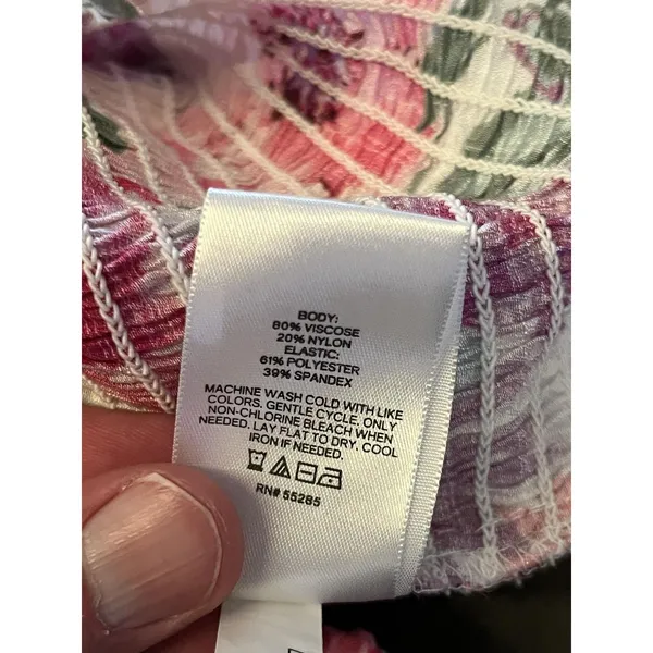 Express Blouse Womens Medium Pink Purple Floral Smocked Puff Sleeve Cropped Top - Image 9