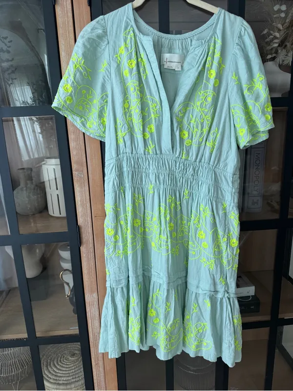 Anthropologie The Somerset Mini Dress Embroidered Linen short sleeve splice mint - Image 6