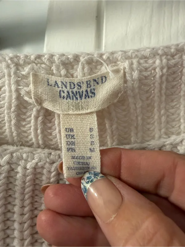 Lands' End Cotton Cream & Navy Striped Crewneck Sweater - Image 2