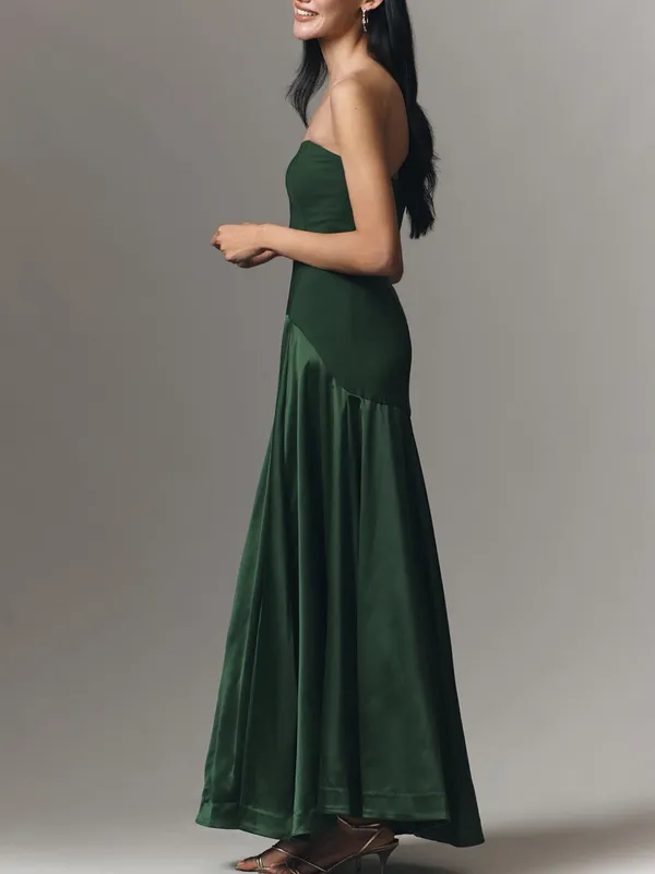 Hutch Anthropologie Strapless Satin Gown in Deep Green Maxi Dress - Image 3