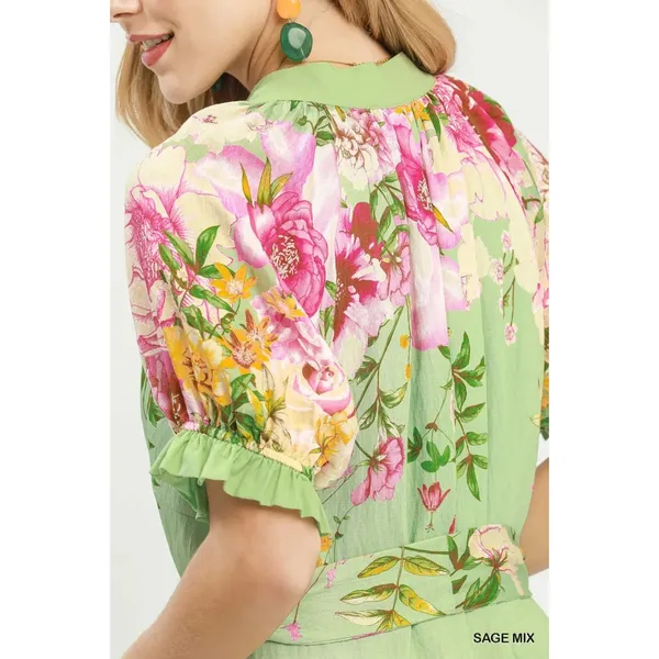 Umgee Mix Floral‎ Border Print Midi Dress - Sage Mix - Small - Image 5