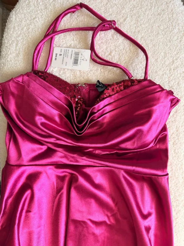 Windsor Magenta Satin Sequin Skater Mini Dress - Image 6