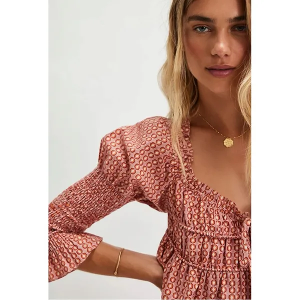 Free People Retro 70s Babydoll Star Dip Mini Dress in Red Combo Size Medium - Image 4
