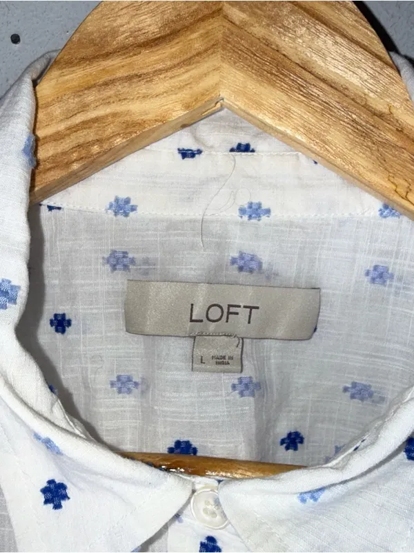 Loft Button‎ Down Tie Front Collar Top White Blue Textured Pattern Large - Image 3