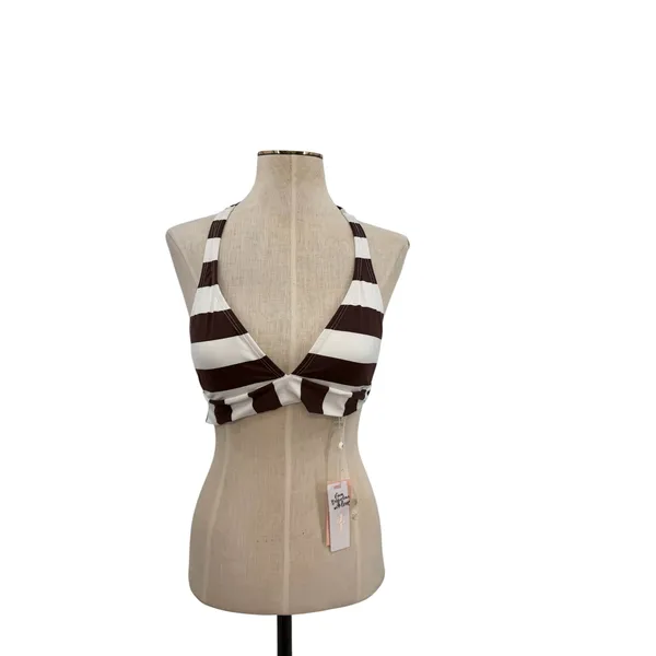 PilyQ Godiva Banded Halter Bikini Top Brown White Stripe NWT‎ Size Large - Image 3