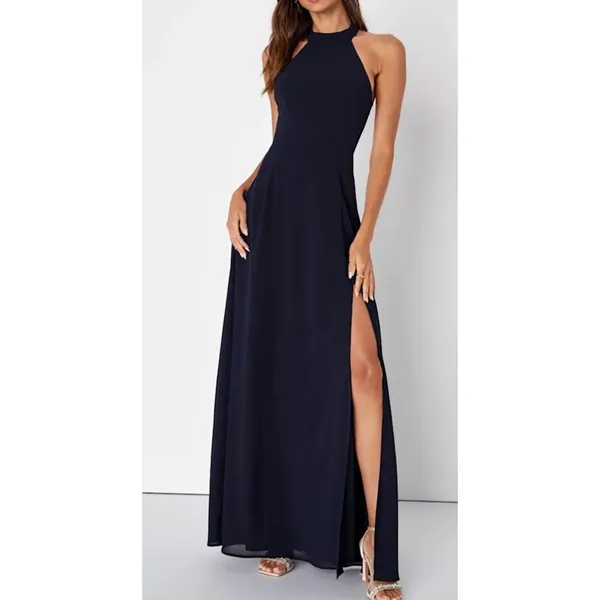 Lulus Navy Blue Chiffon Maxi Dress Halter Open Back Womens XS Bridesmaid Evening - Image 2
