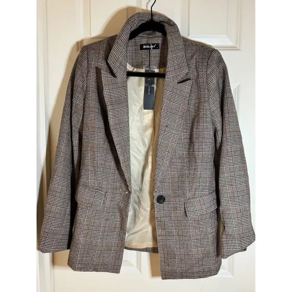 New! Allegra K Women's Plaid Blazer One Button Lapel Neck‎ Jacket - Image 4