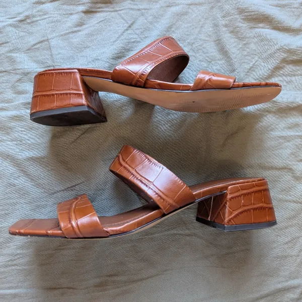 Marc Fisher Croc-Embossed Pat Heeled Slide Sandal W8 Brown - Image 6