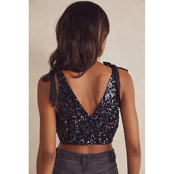 Free People Black Big Night Sequin Crop Tie Shoulder Top‎ Size Small - Image 4