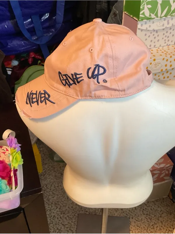 Pink Distressed Baseball Cap with Navy Script - Image 2