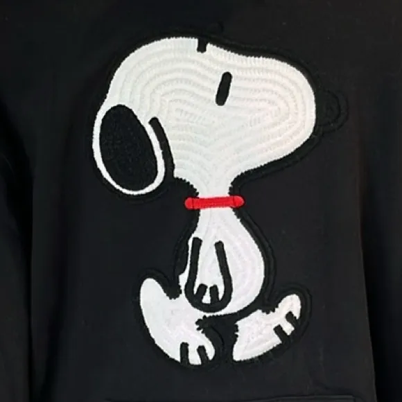 Snoopy Sweatshirt Black Cotton Hoodie Pullover Crochet Patch Womens Medium - Image 9