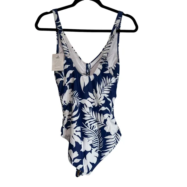 B2PRITY Navy White Tropical Floral Ruched‎ One Piece Swimsuit Women's Small - Image 5