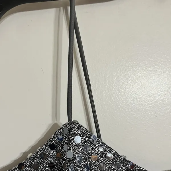 Vintage 90s‎ Silver Sequin Maxi Dress Spaghetti Strap Side Slit Gown Size 10 USA - Image 6