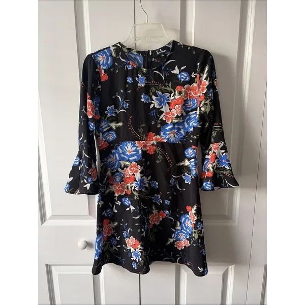 Lulus Welcome Back Black Floral Print Skater Mini 3/4 Sleeve Dress Womens Size M - Image 2