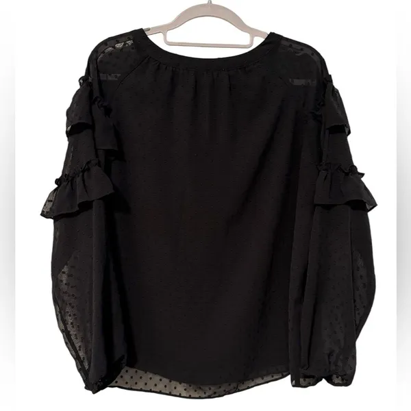 Loft Swiss‎ Dot Layered Ruffle Long Sleeve Keyhole Blouse Black Chiffon Small - Image 2