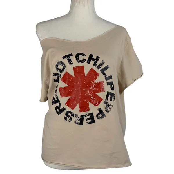 Red Hot Chili Peppers Graphic Tee Womens L Tan Off Shoulder Rock Band Shirt - Image 3