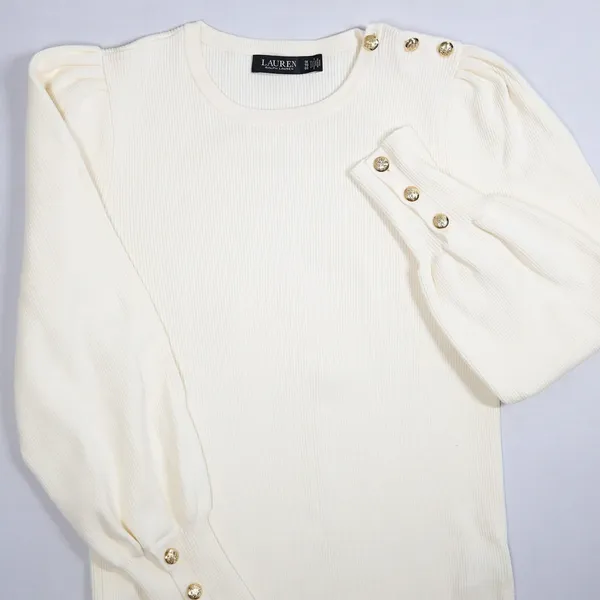 Lauren Ralph Lauren Pullover Women 1X Cream Ribbed Puff Sleeve Gold Button Top - Image 5