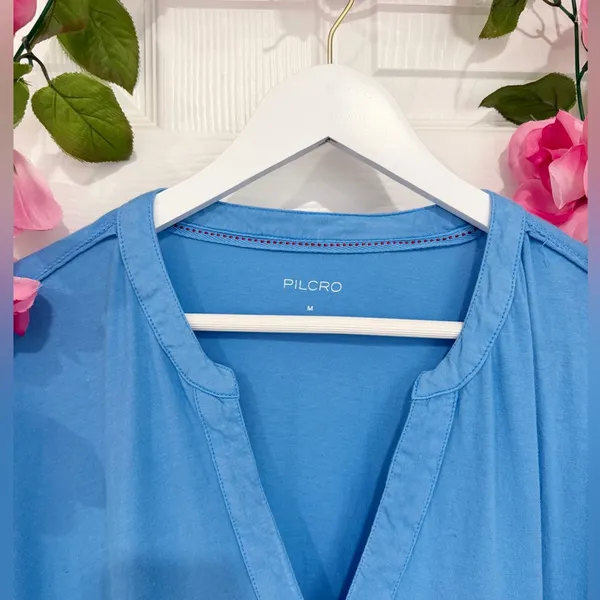 Anthropologie Pilcro Boho Blue Long-Sleeve Babydoll V-Neck Gingham Medium Top - Image 4