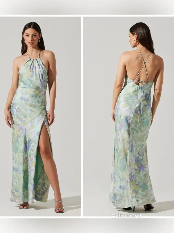 ASTR the Label Elynor Watercolor Halter Maxi Dress Medium Pastel Wedding Guest - Image 2